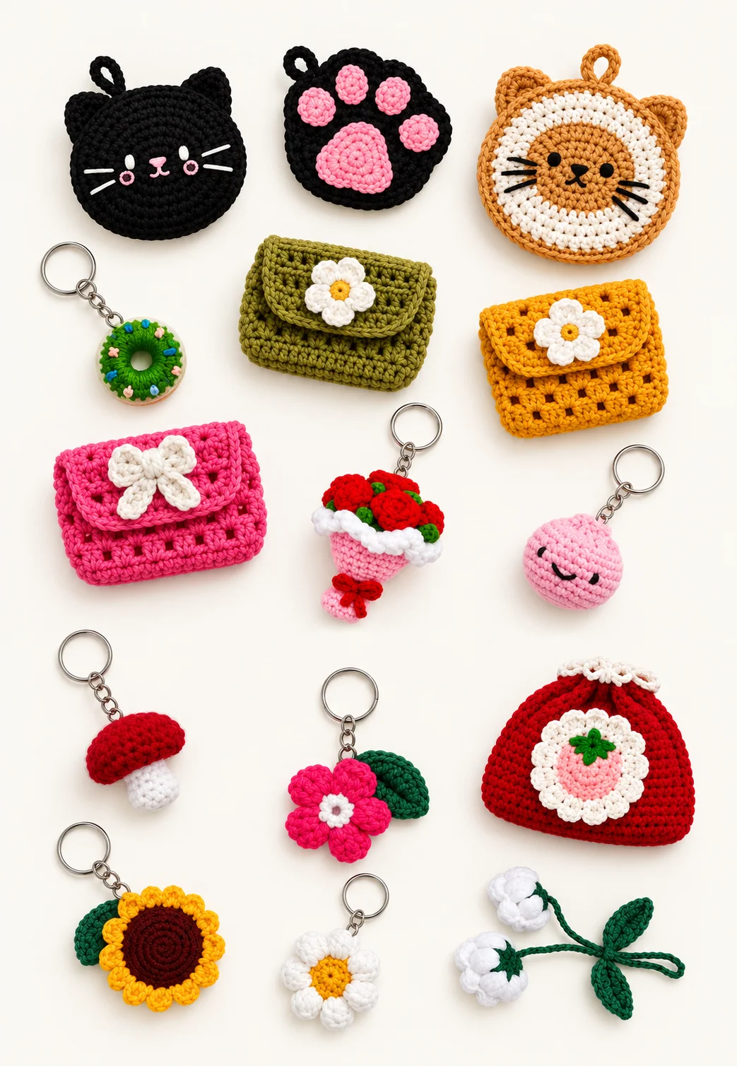 Flat-lay of clips, charms, keychains and mini bags